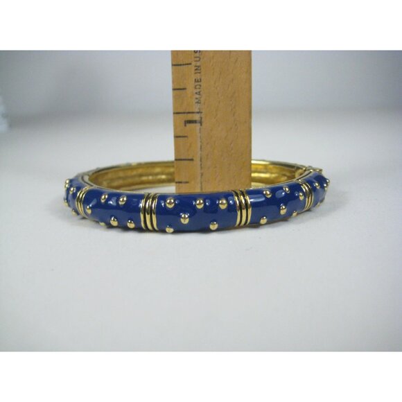 Enamel Gold Tone Hinged Bangle Bracelet 6 Inch Inner Cir Textured Polka Dots - Picture 2 of 8